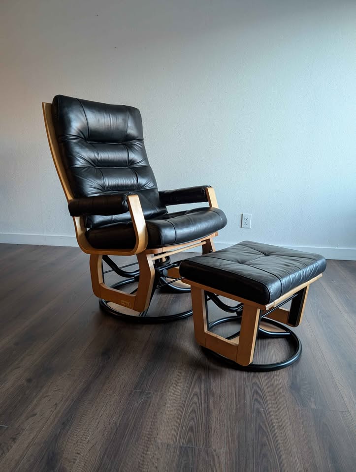 Black Leather Glider Rocker w/ Ottoman by Dutelier