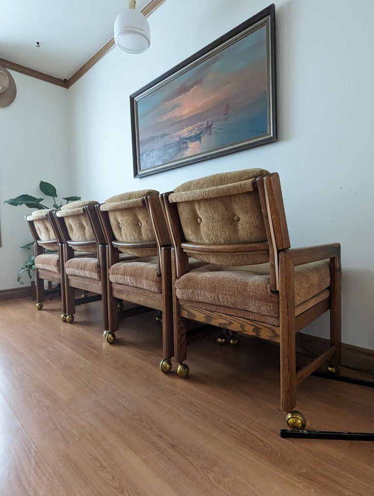 MCM Atomic Dining Table Set w/ 4 Gold Crushed Velvet Rolling Chairs