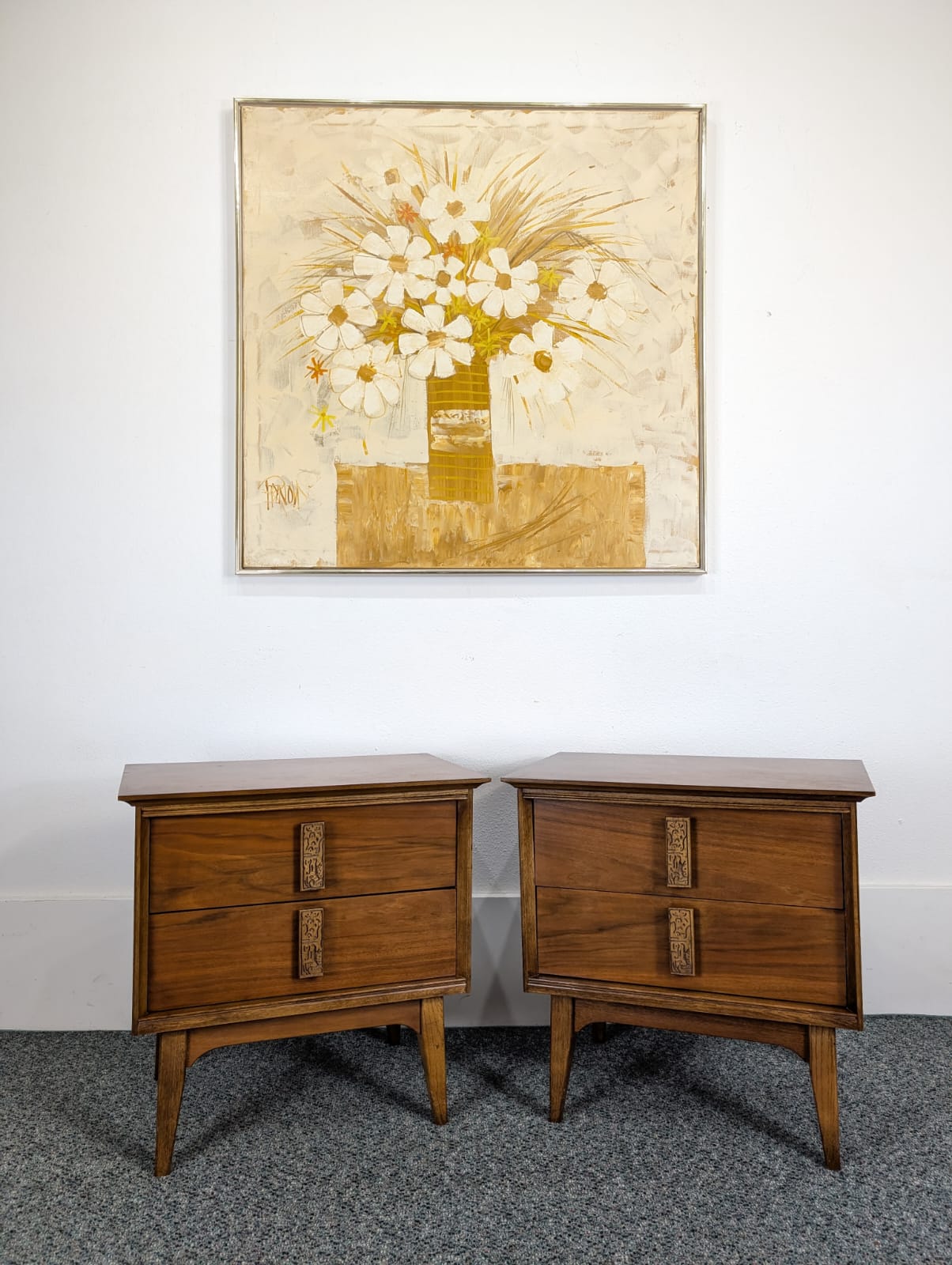 Pair of Walnut MCM Mayan Nightstands by Leo Jiranek for Bassett