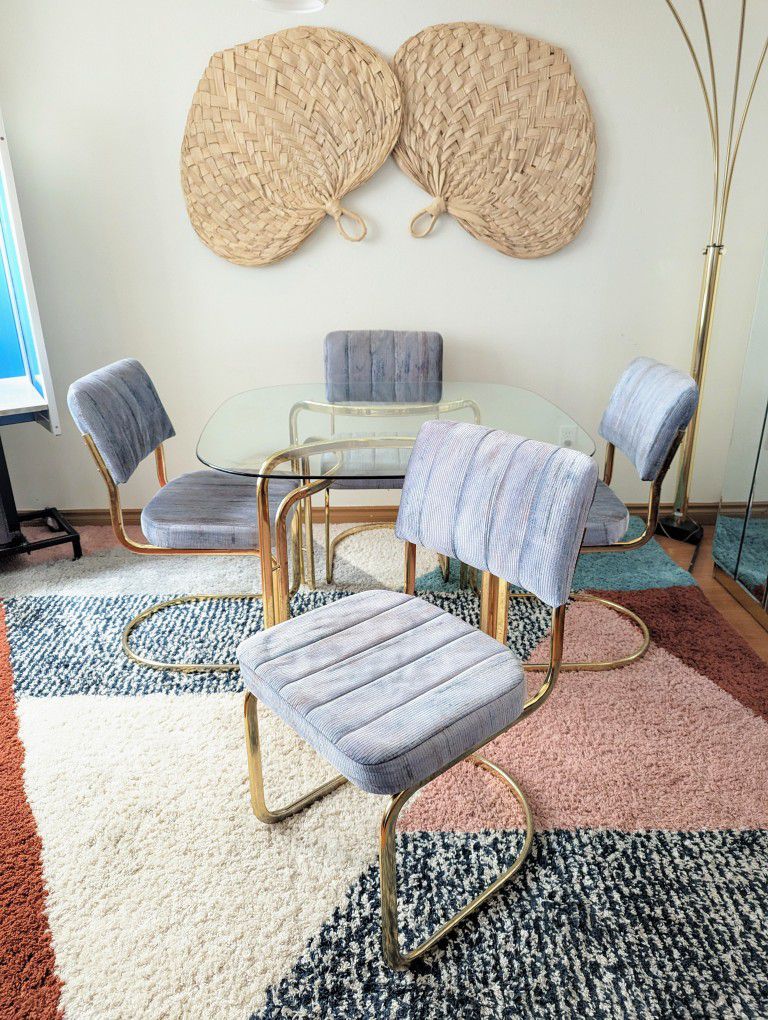 Periwinkle Blue & Brass Postmodern Dining Table Set w/ 4 Chairs