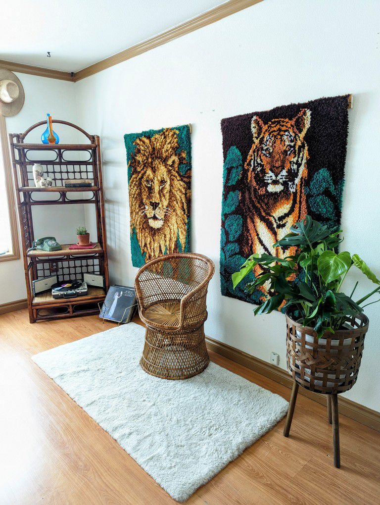 1970's Mid Century Boho Latch Hook Tiger & Lion Wall Art