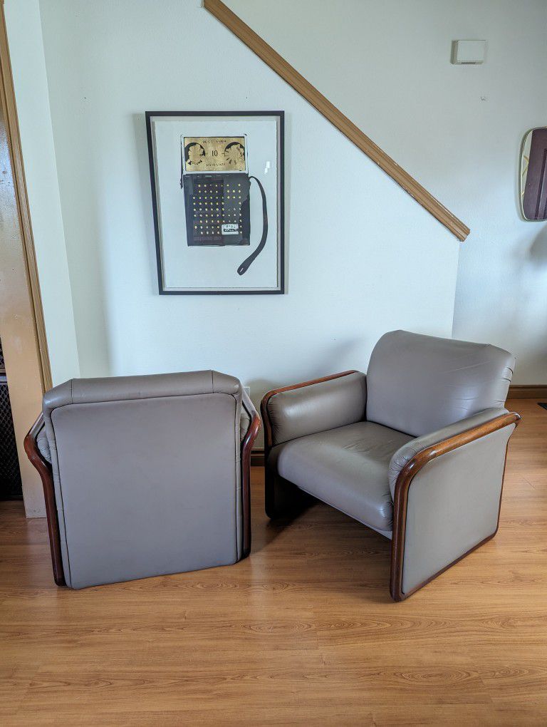 Pair Of Clay Leather & Teak Framed Postmodern Club Lounge Chairs By Kimball