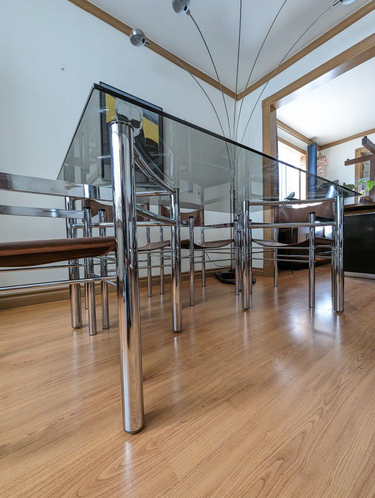 MCM Chrome Dining Table w/ Smoked Glass & 6 Sling Chair Set by James David Inc.