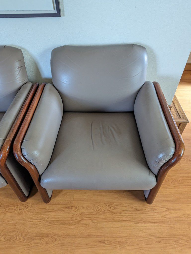 Pair Of Clay Leather & Teak Framed Postmodern Club Lounge Chairs By Kimball