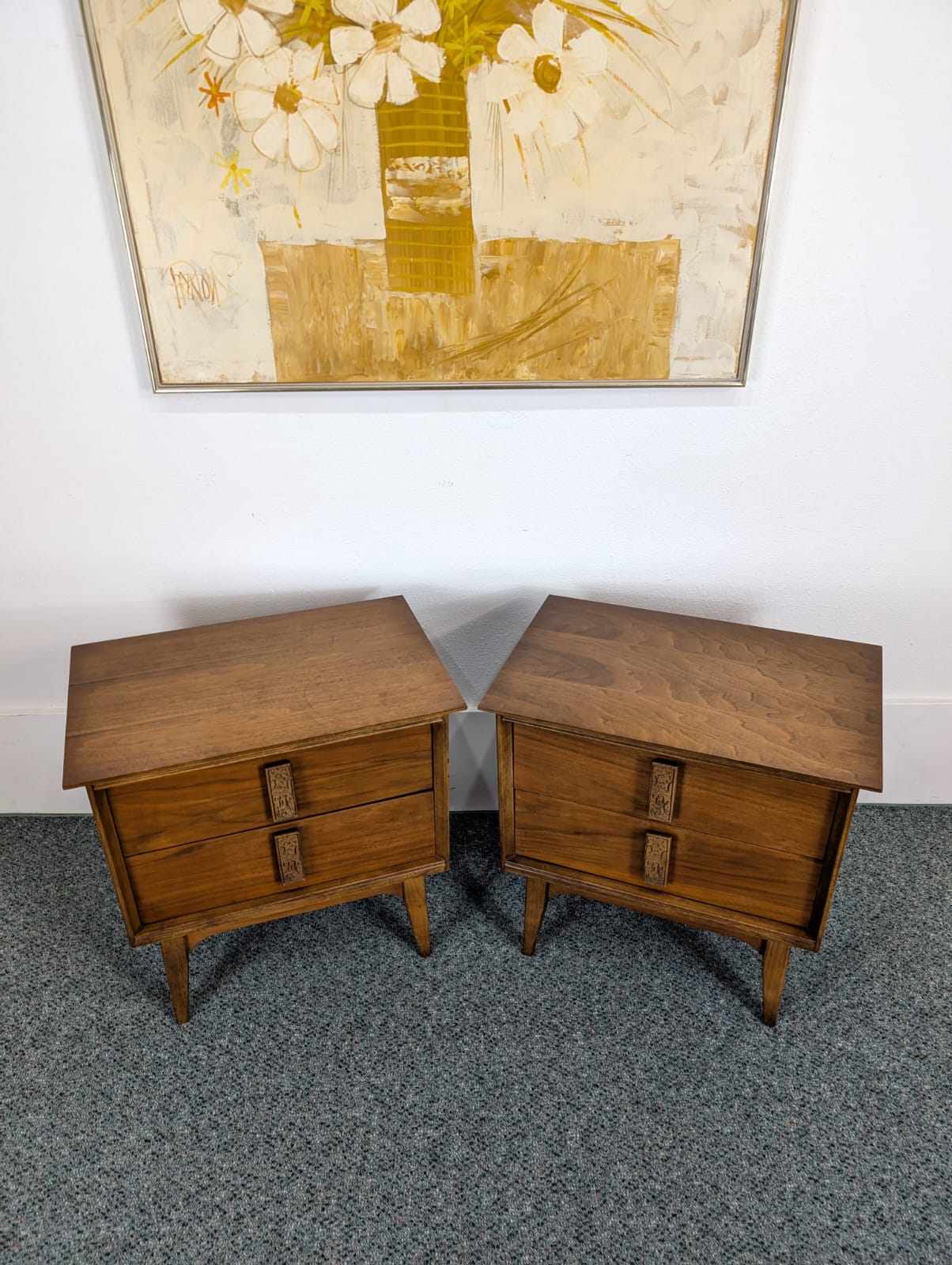 Pair of Walnut MCM Mayan Nightstands by Leo Jiranek for Bassett