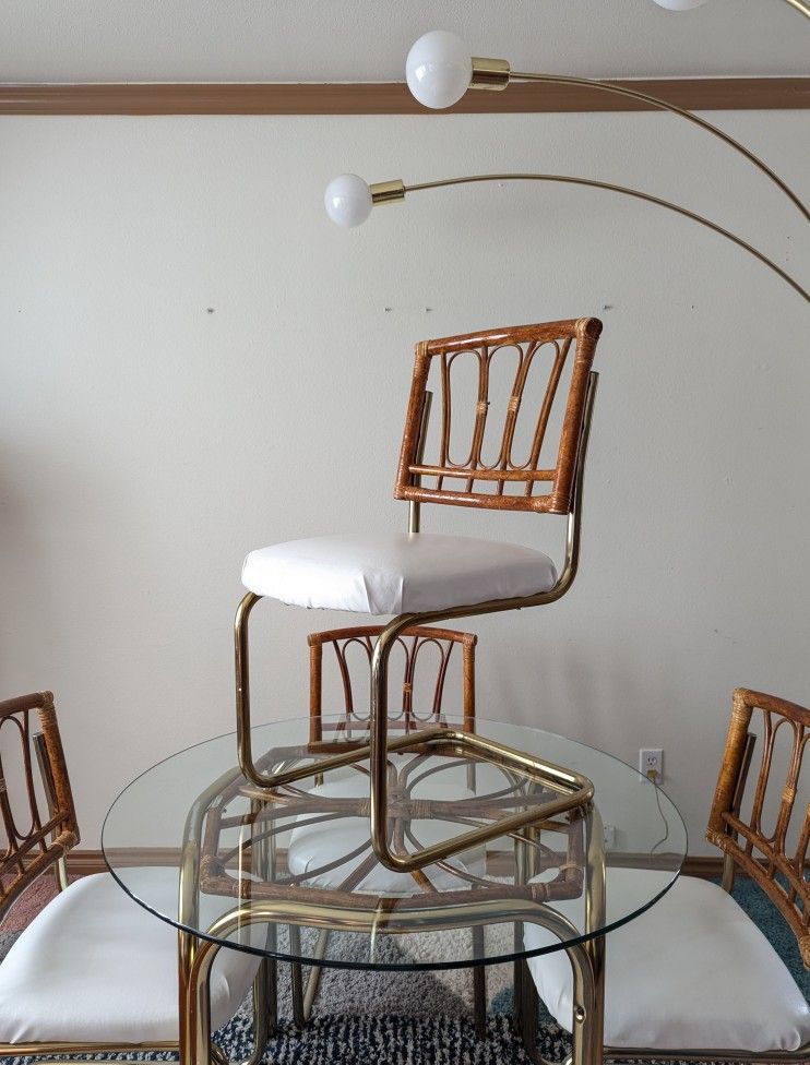 Vintage Cantilevered Brass & Bamboo Postmodern Dining Set w/ 4 Chairs