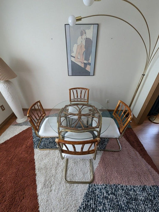 Vintage Cantilevered Brass & Bamboo Postmodern Dining Set w/ 4 Chairs