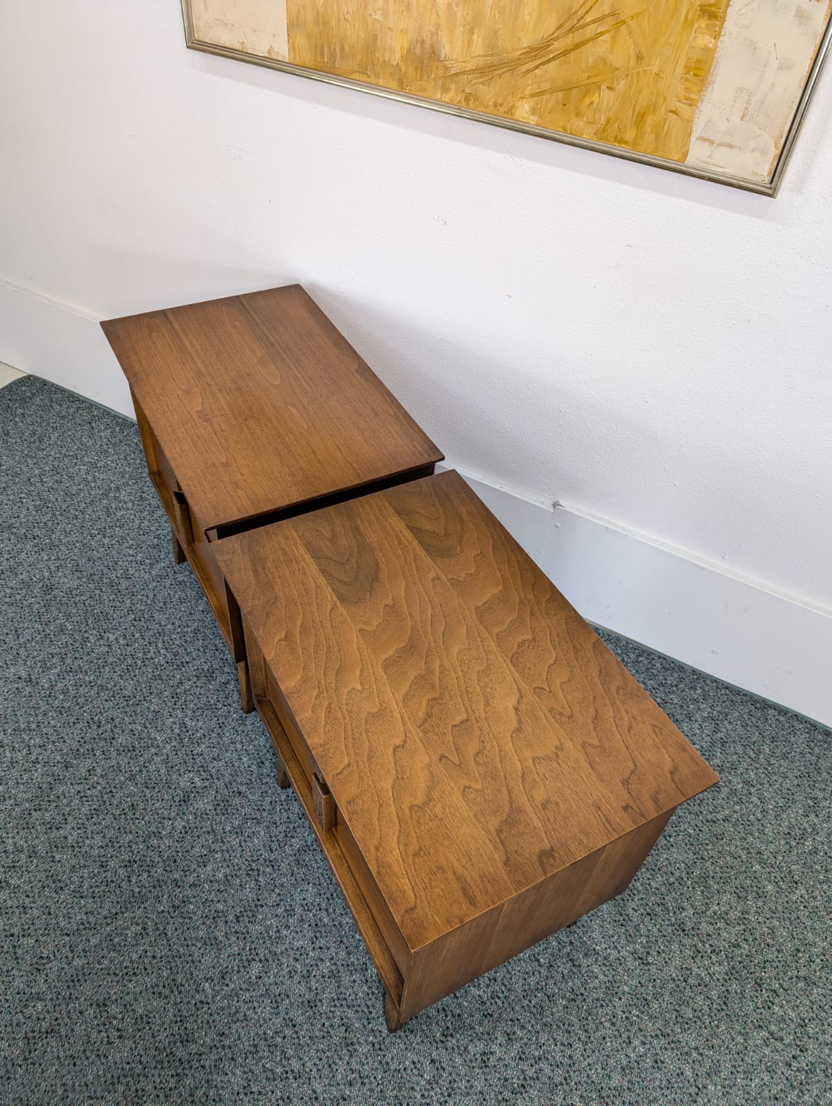 Pair of Walnut MCM Mayan Nightstands by Leo Jiranek for Bassett