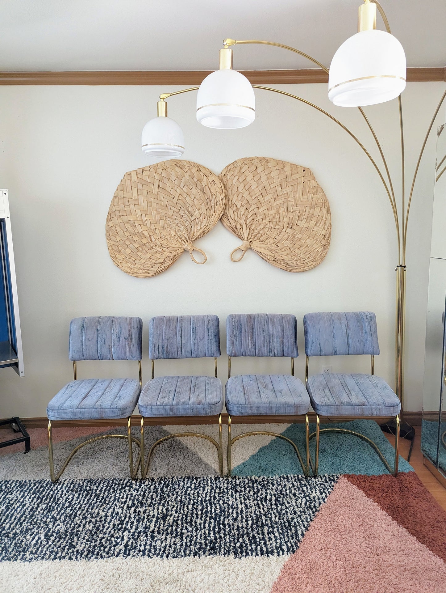 Periwinkle Blue & Brass Postmodern Dining Table Set w/ 4 Chairs