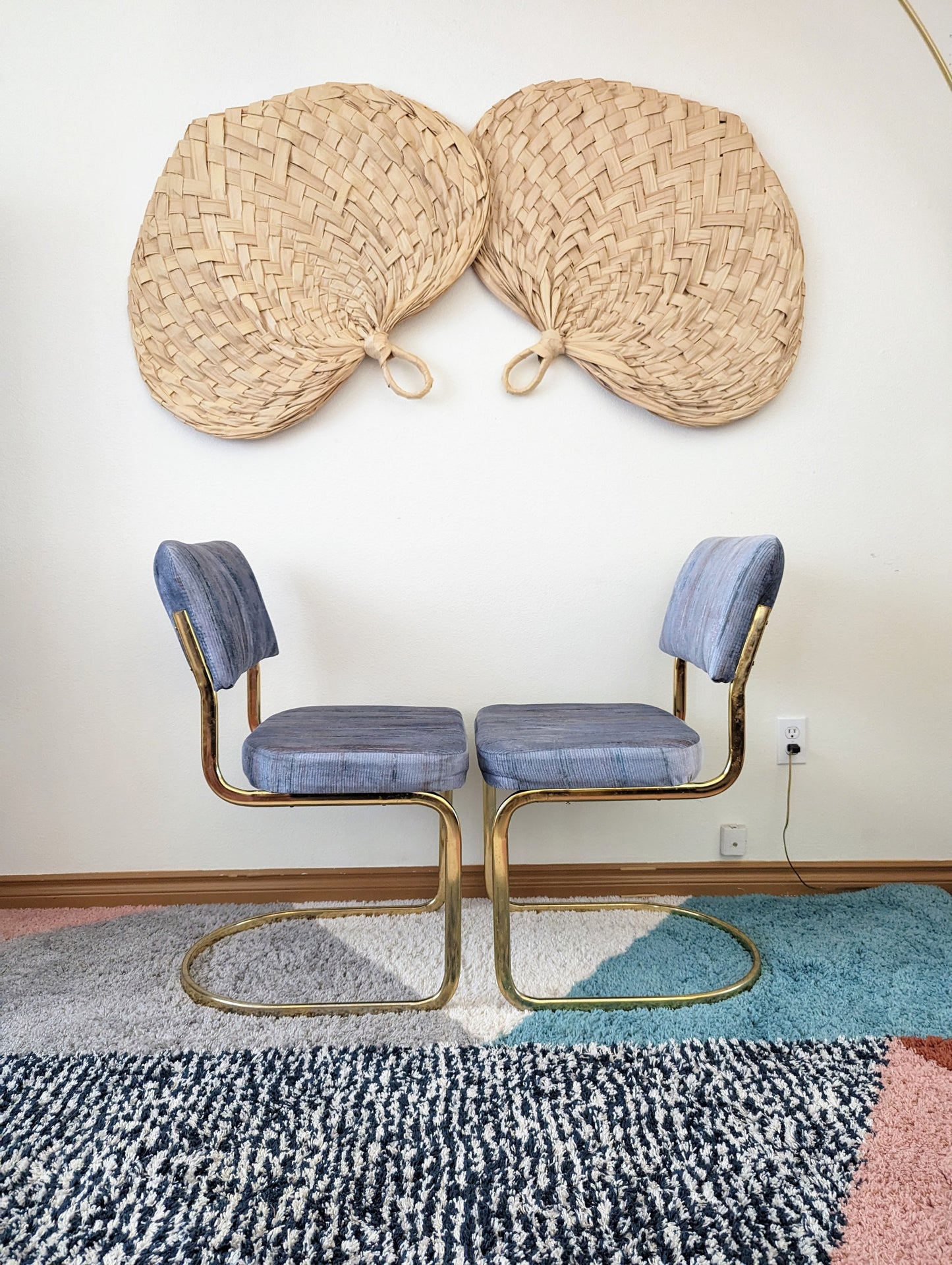 Periwinkle Blue & Brass Postmodern Dining Table Set w/ 4 Chairs