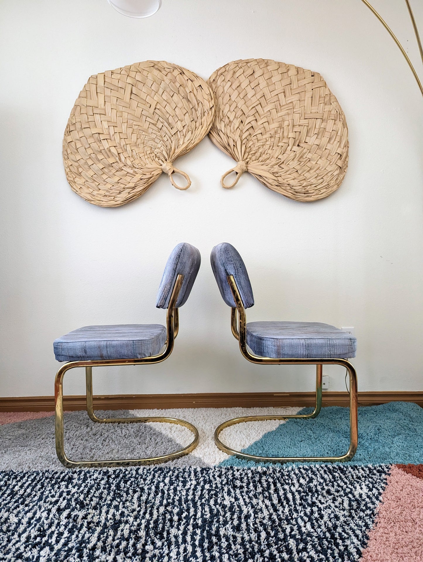 Periwinkle Blue & Brass Postmodern Dining Table Set w/ 4 Chairs
