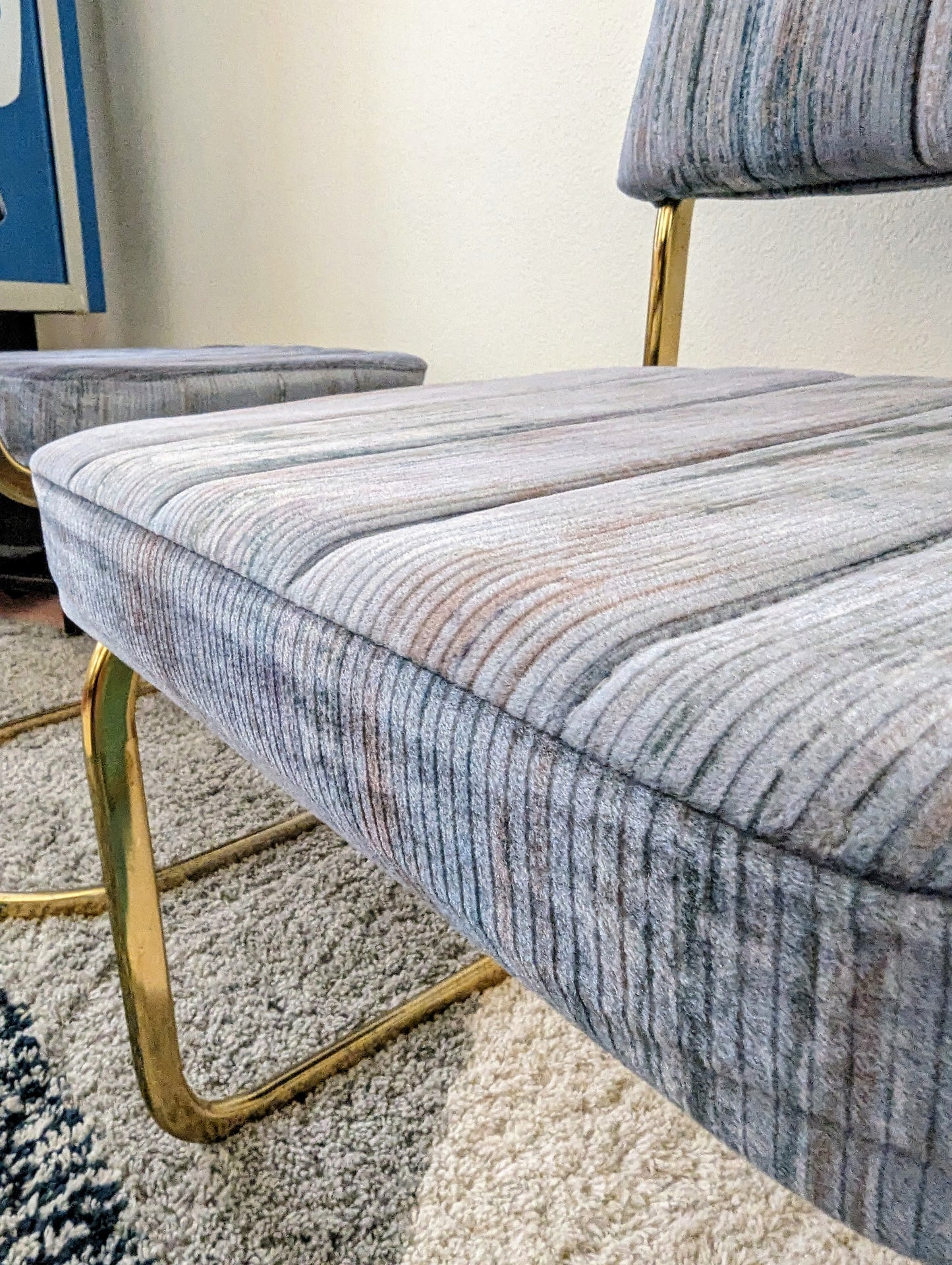 Periwinkle Blue & Brass Postmodern Dining Table Set w/ 4 Chairs