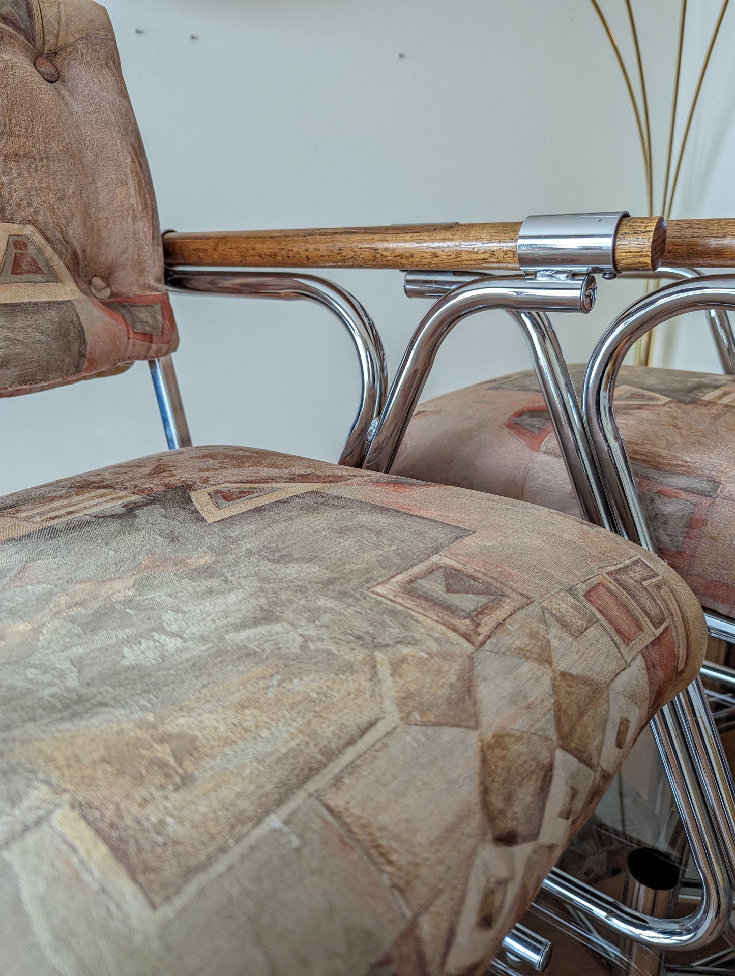 MCM Cleo Baldon Style Dining Chairs Set of 6 Chrome & Wood