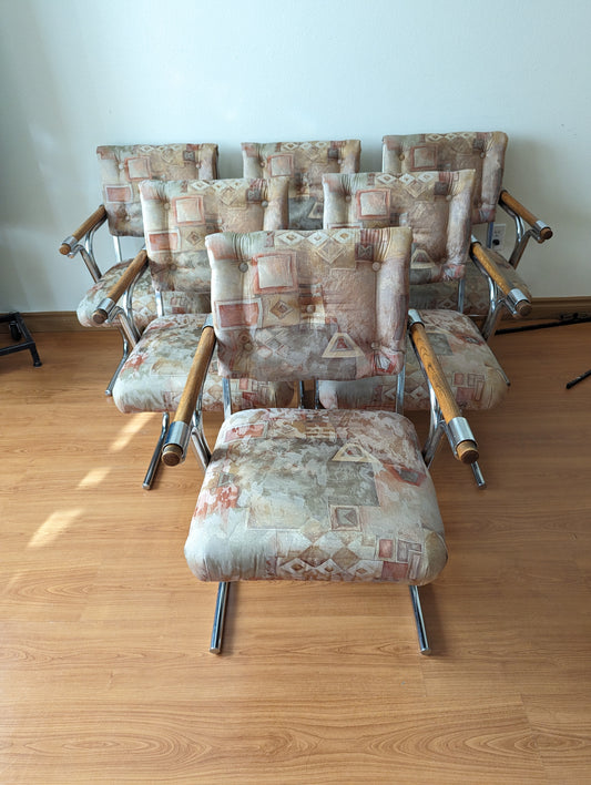 MCM Cleo Baldon Style Dining Chairs Set of 6 Chrome & Wood