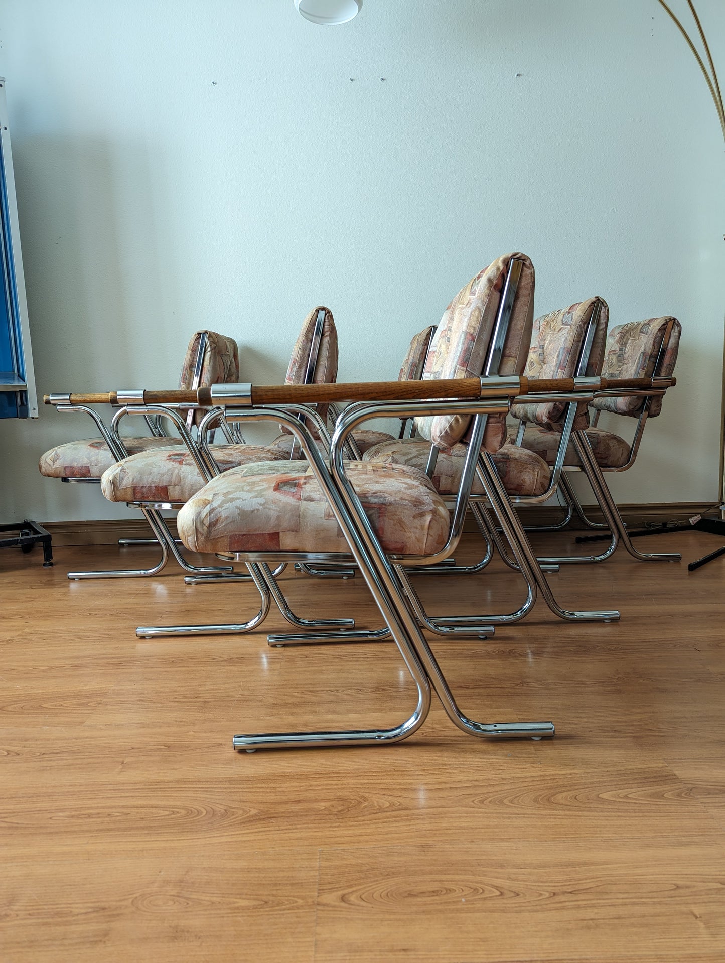 MCM Cleo Baldon Style Dining Chairs Set of 6 Chrome & Wood