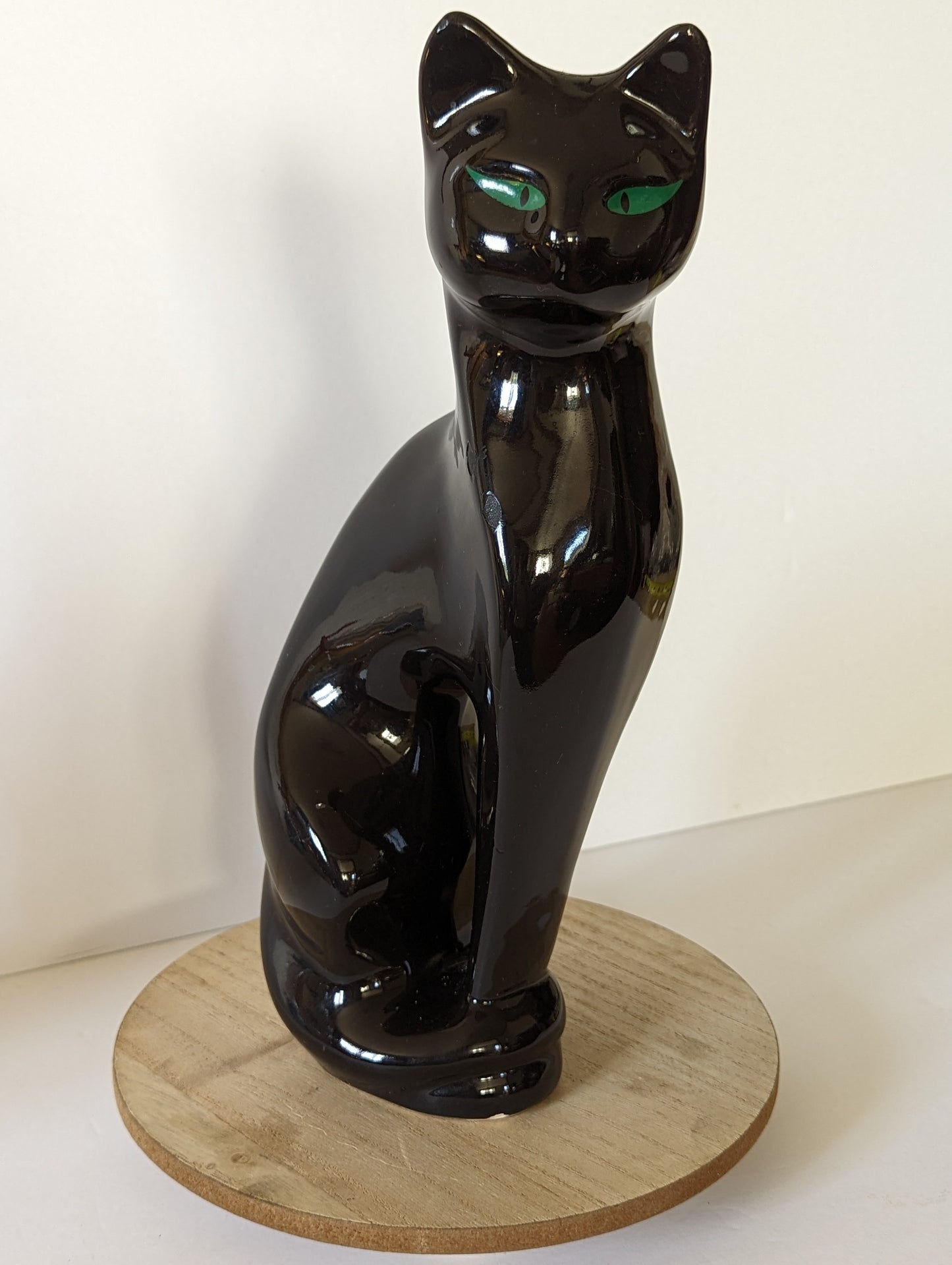 Pair of Vintage Postmodern Ceramic Cat Statue Figurines Black & White Green Eyes