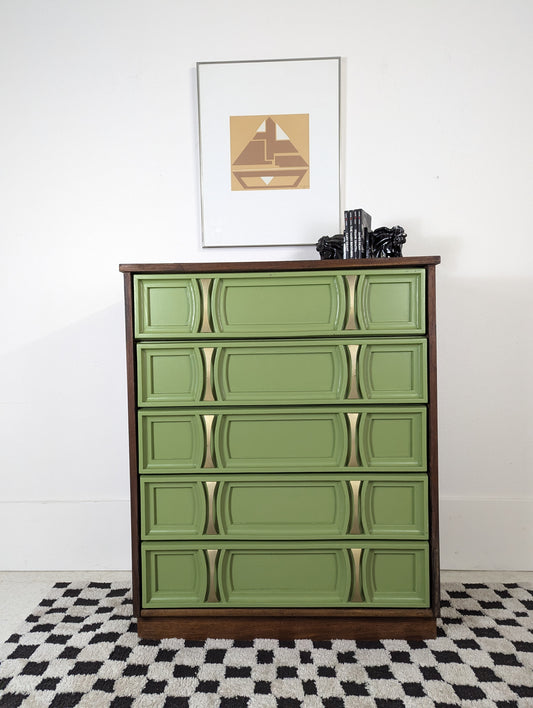MCM Green Front 5 Drawer Walnut Highboy Dresser