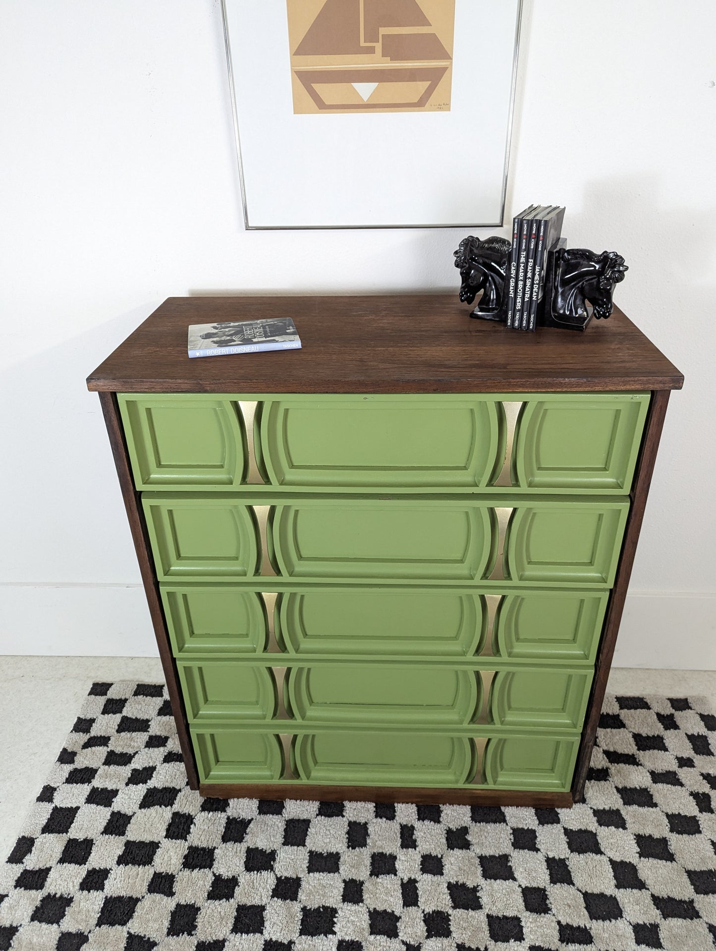MCM Green Front 5 Drawer Walnut Highboy Dresser