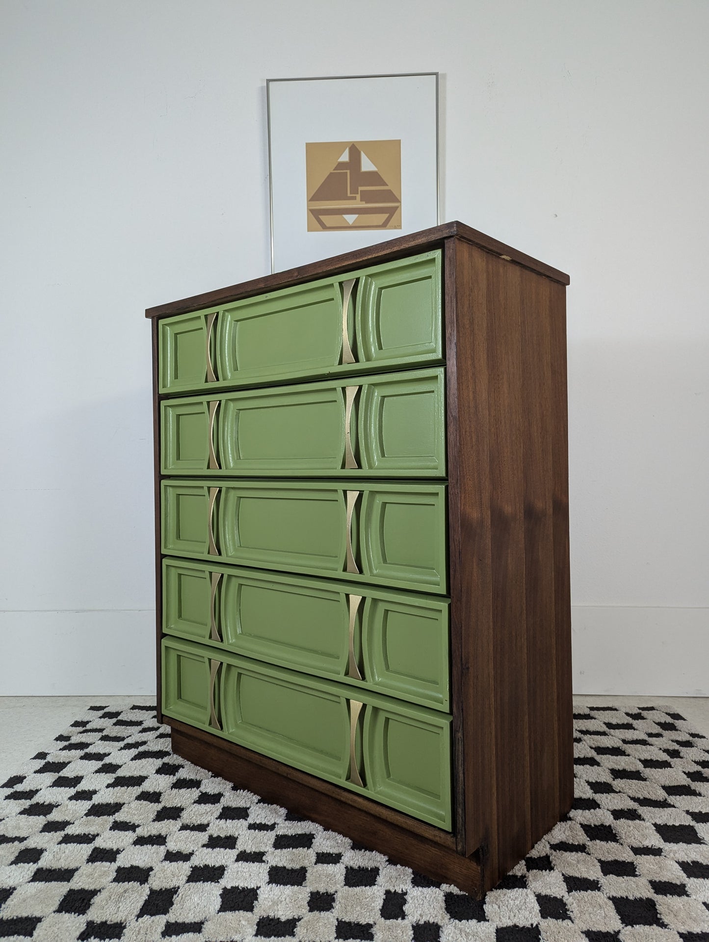 MCM Green Front 5 Drawer Walnut Highboy Dresser