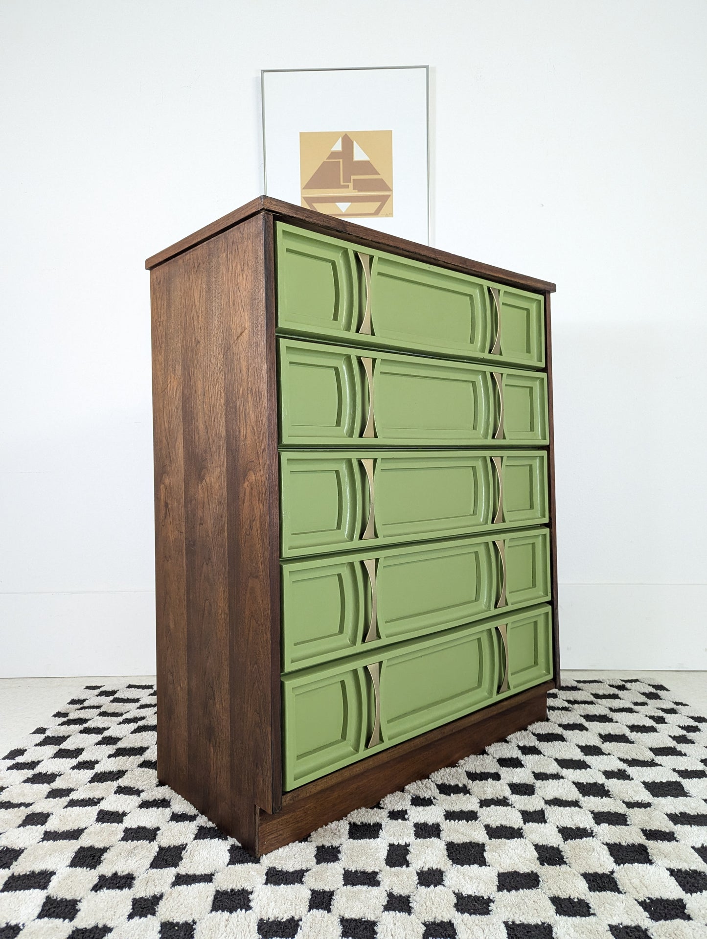 MCM Green Front 5 Drawer Walnut Highboy Dresser