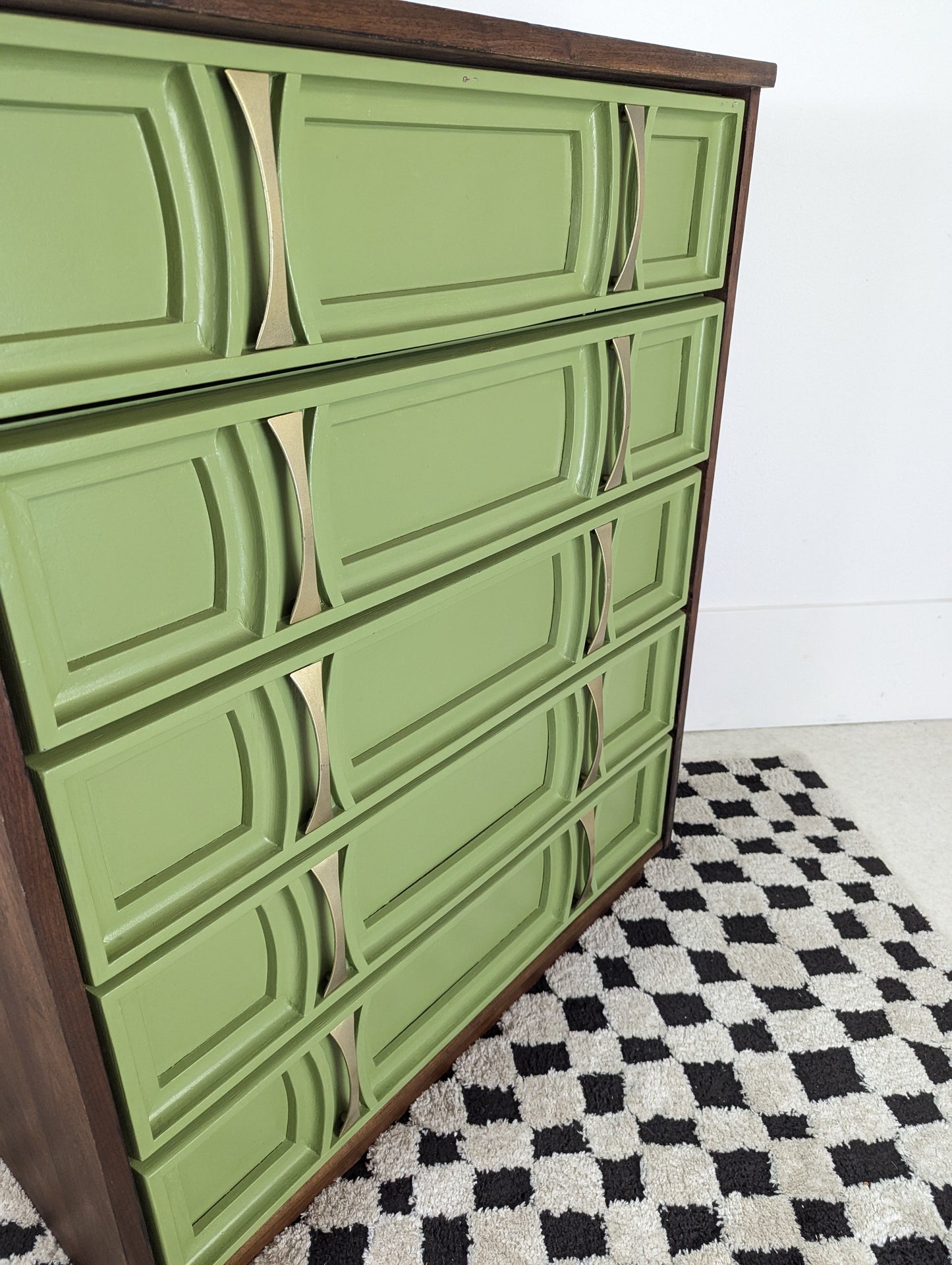 MCM Green Front 5 Drawer Walnut Highboy Dresser