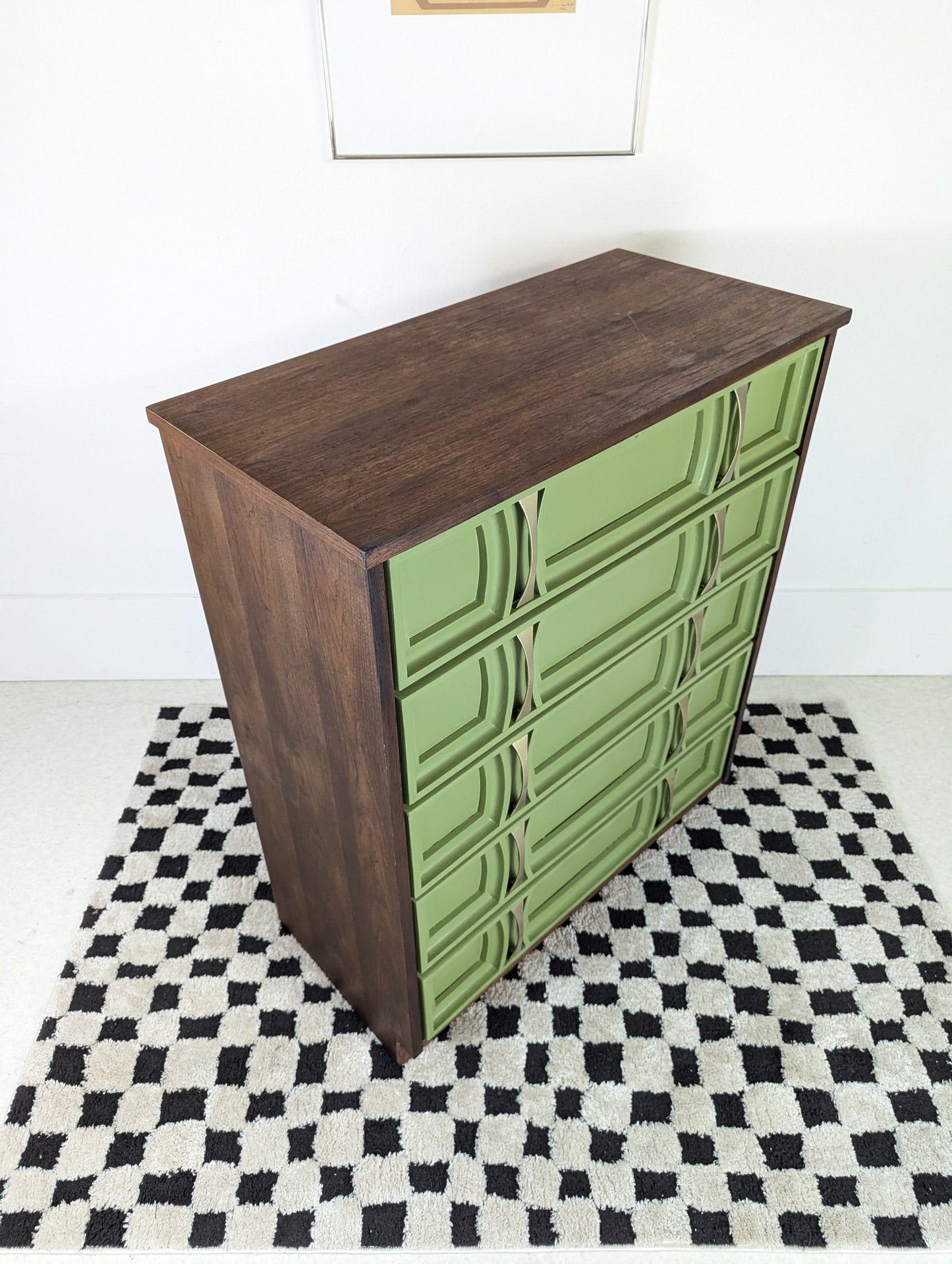 MCM Green Front 5 Drawer Walnut Highboy Dresser