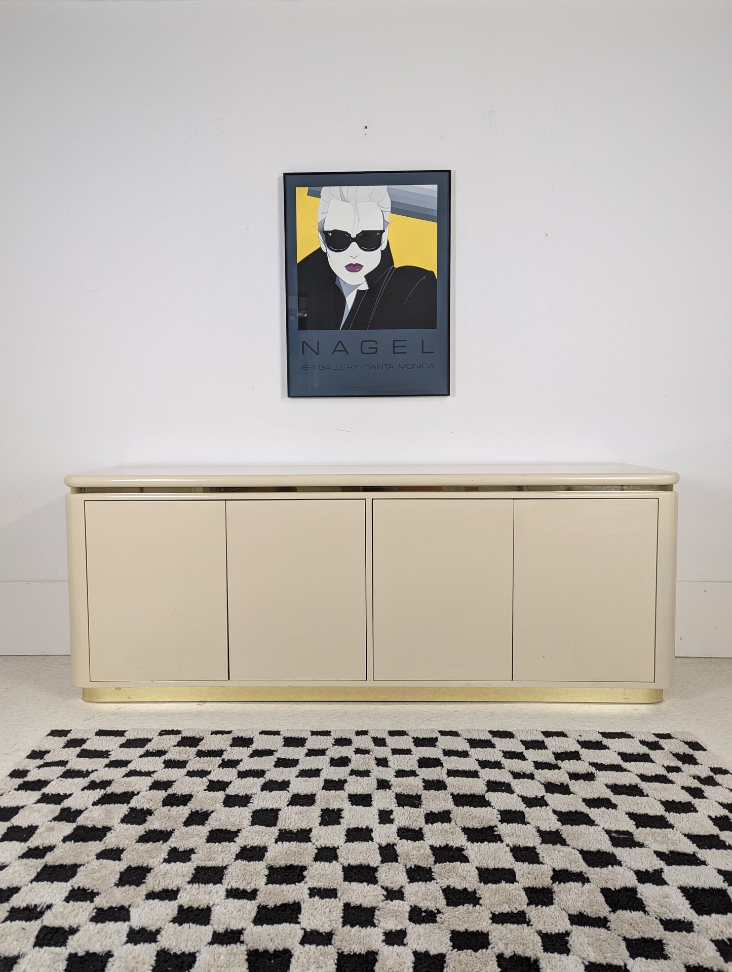 Postmodern Lacquered Cream & Gold 4 Door Credenza