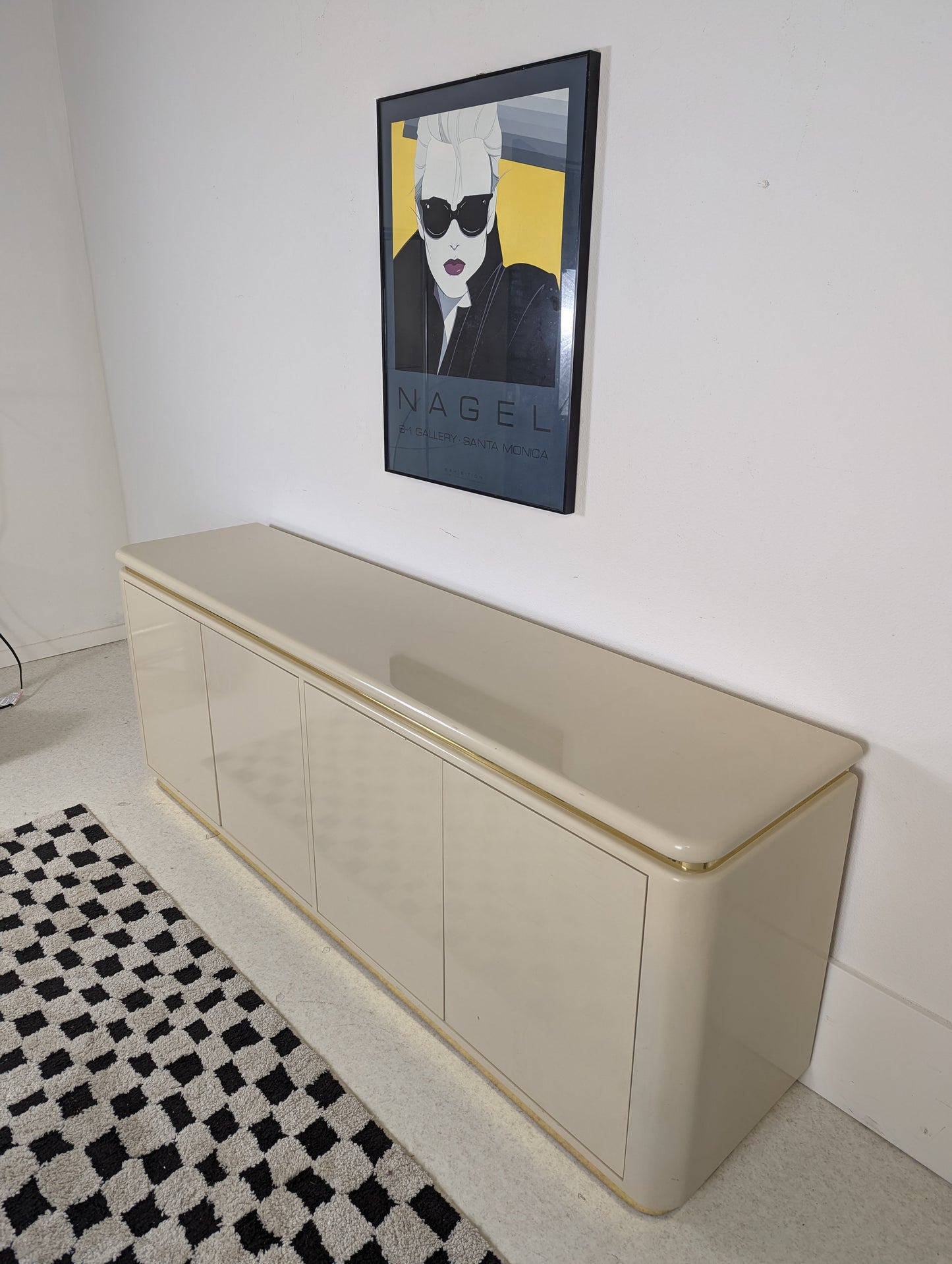 Postmodern Lacquered Cream & Gold 4 Door Credenza