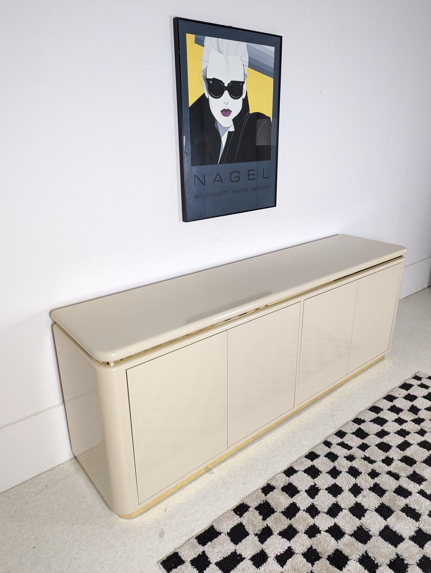 Postmodern Lacquered Cream & Gold 4 Door Credenza