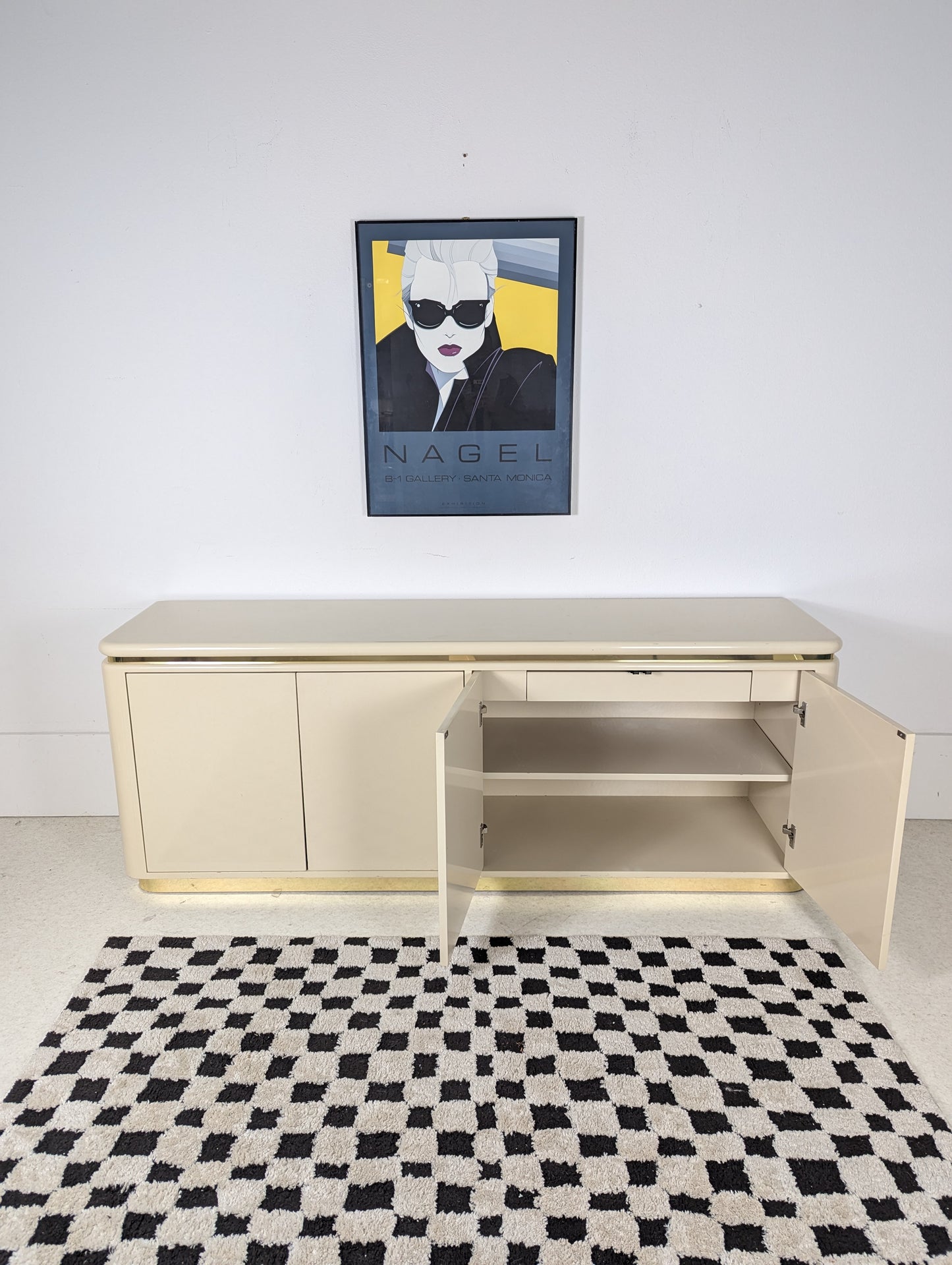 Postmodern Lacquered Cream & Gold 4 Door Credenza