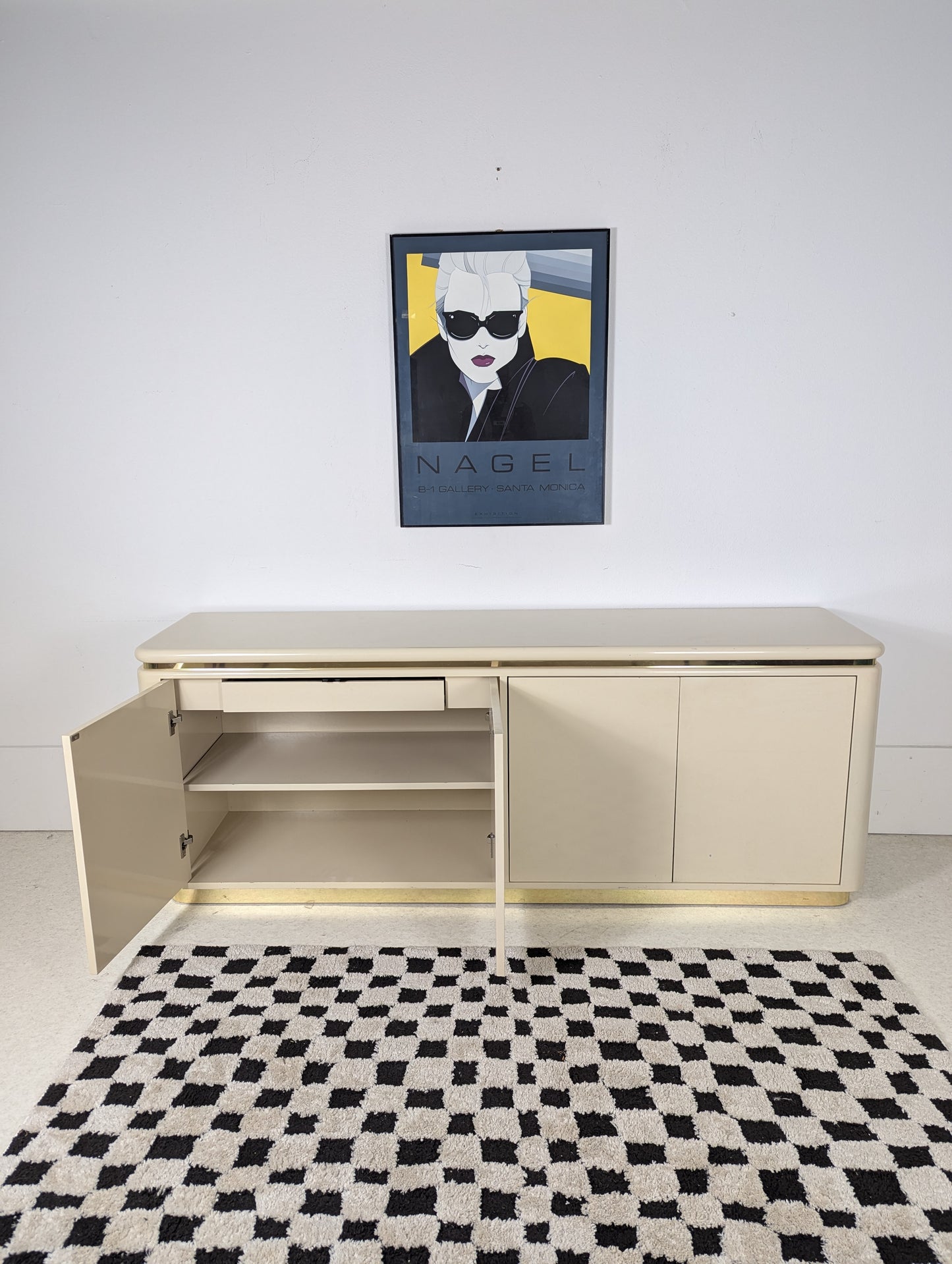 Postmodern Lacquered Cream & Gold 4 Door Credenza