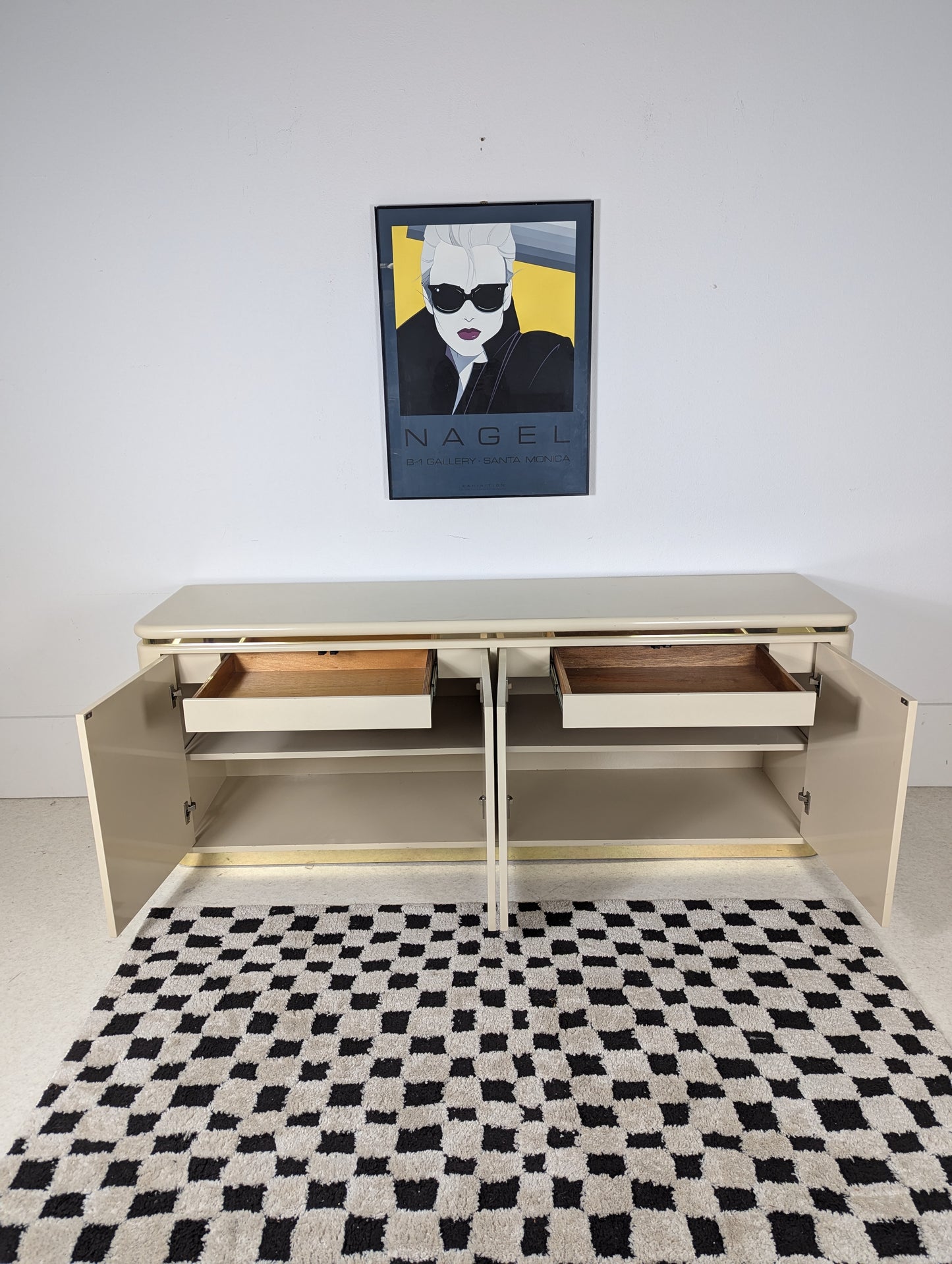 Postmodern Lacquered Cream & Gold 4 Door Credenza