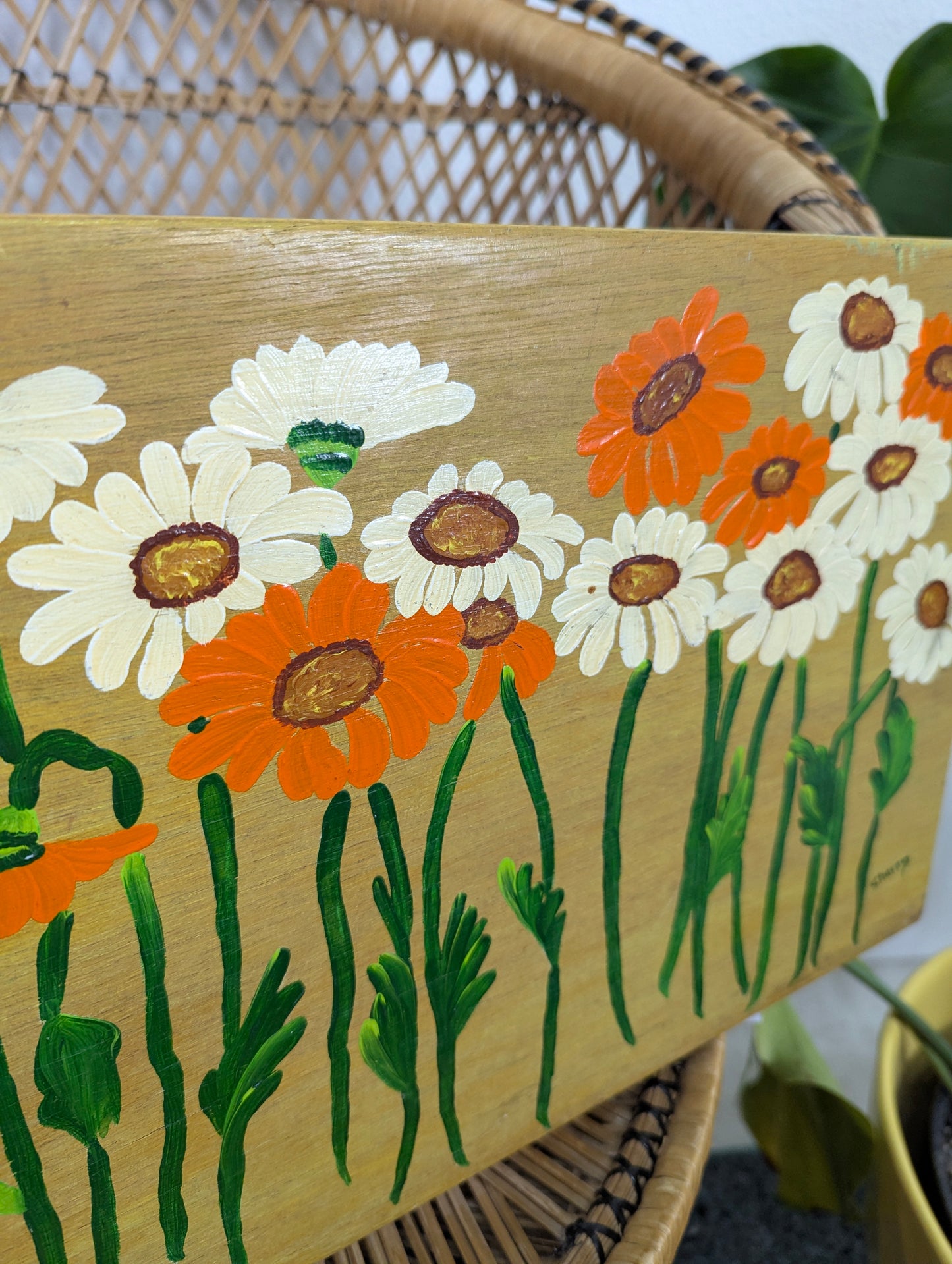 Vintage MCM Painted Daisy Floral Artwork
