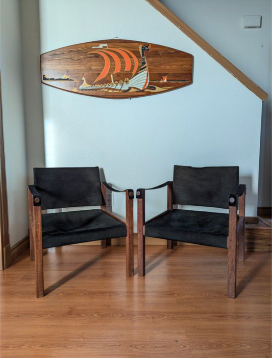MCM Vintage Solid Teak & Black Suede Leather Safari Sling Chairs $495 / each