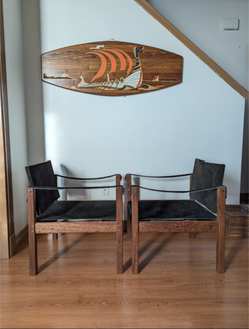 MCM Vintage Solid Teak & Black Suede Leather Safari Sling Chairs $495 / each