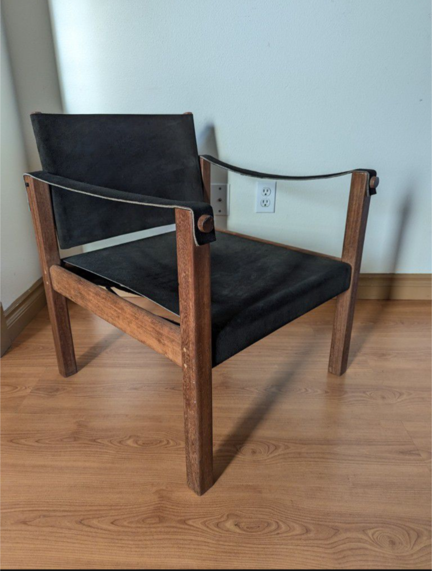 MCM Vintage Solid Teak & Black Suede Leather Safari Sling Chairs $495 / each