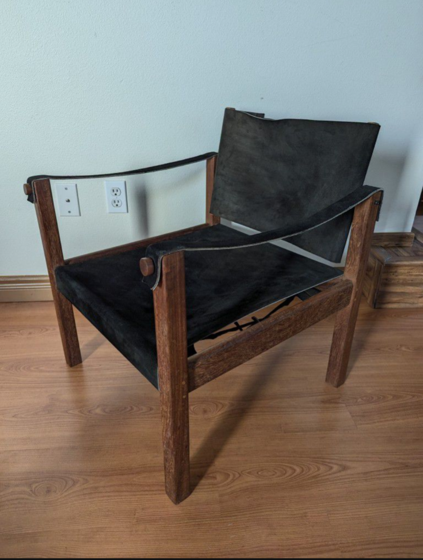MCM Vintage Solid Teak & Black Suede Leather Safari Sling Chairs $495 / each