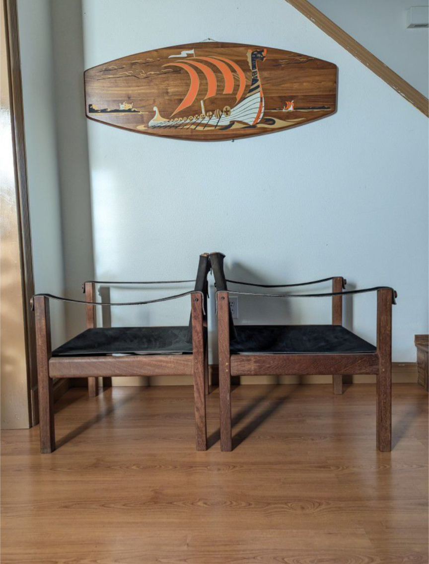MCM Vintage Solid Teak & Black Suede Leather Safari Sling Chairs $495 / each