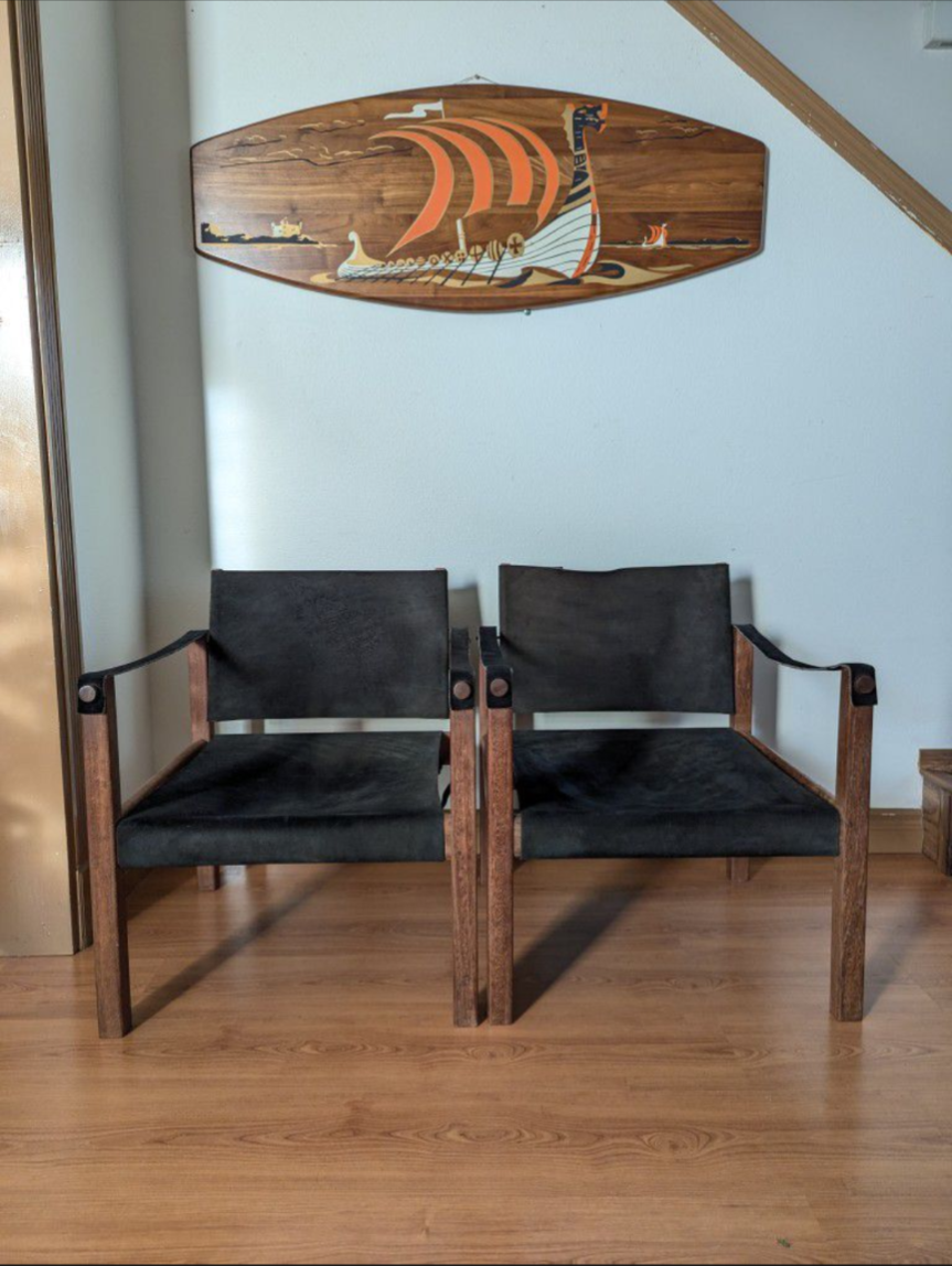 MCM Vintage Solid Teak & Black Suede Leather Safari Sling Chairs $495 / each