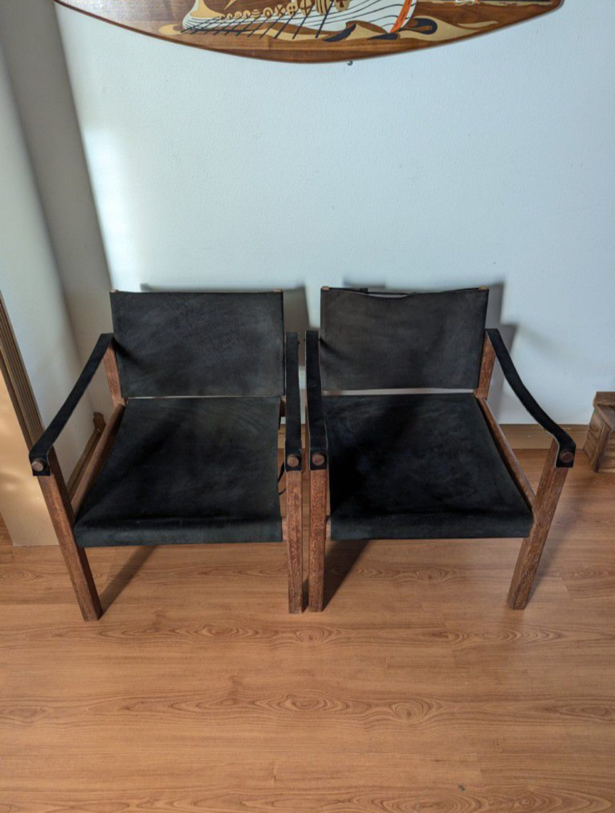 MCM Vintage Solid Teak & Black Suede Leather Safari Sling Chairs $495 / each