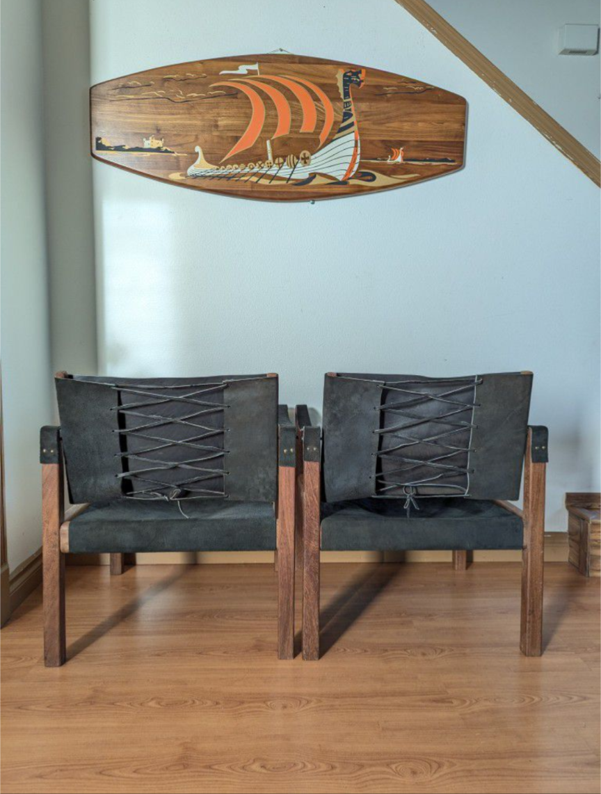 MCM Vintage Solid Teak & Black Suede Leather Safari Sling Chairs $495 / each