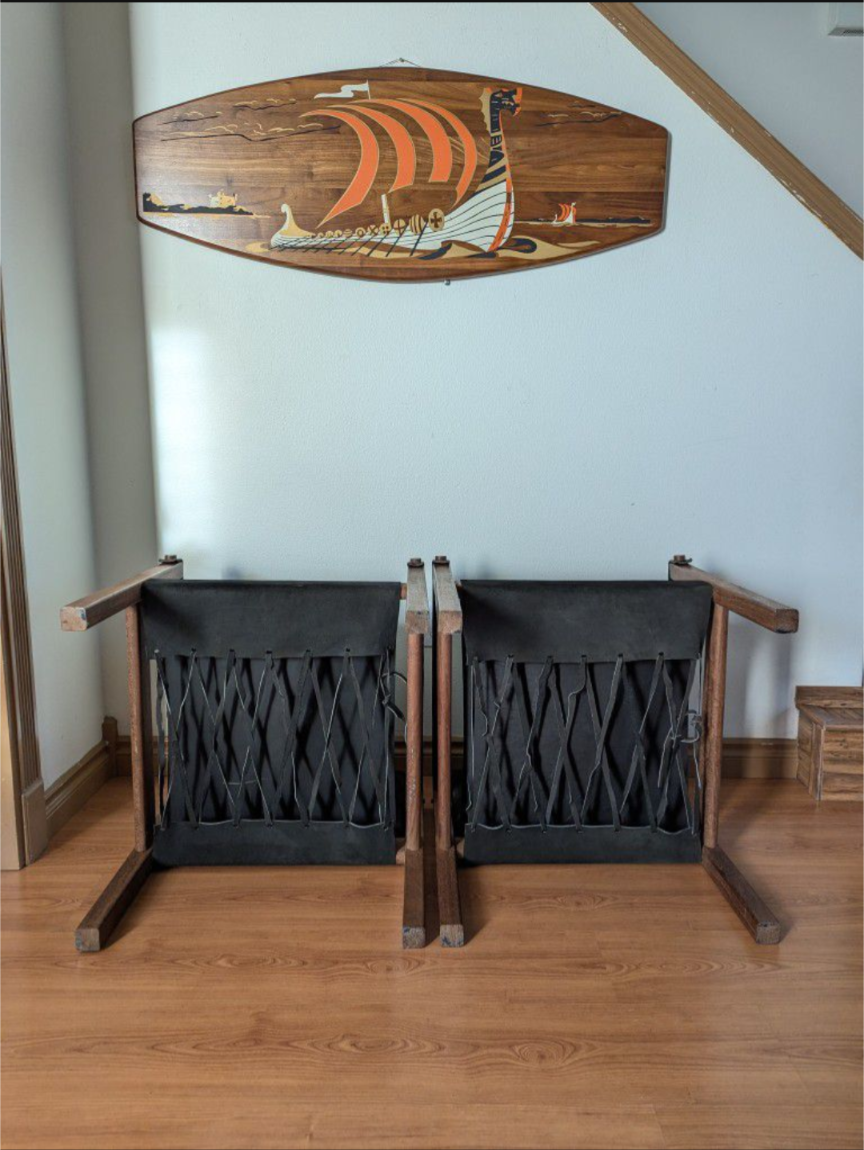 MCM Vintage Solid Teak & Black Suede Leather Safari Sling Chairs $495 / each