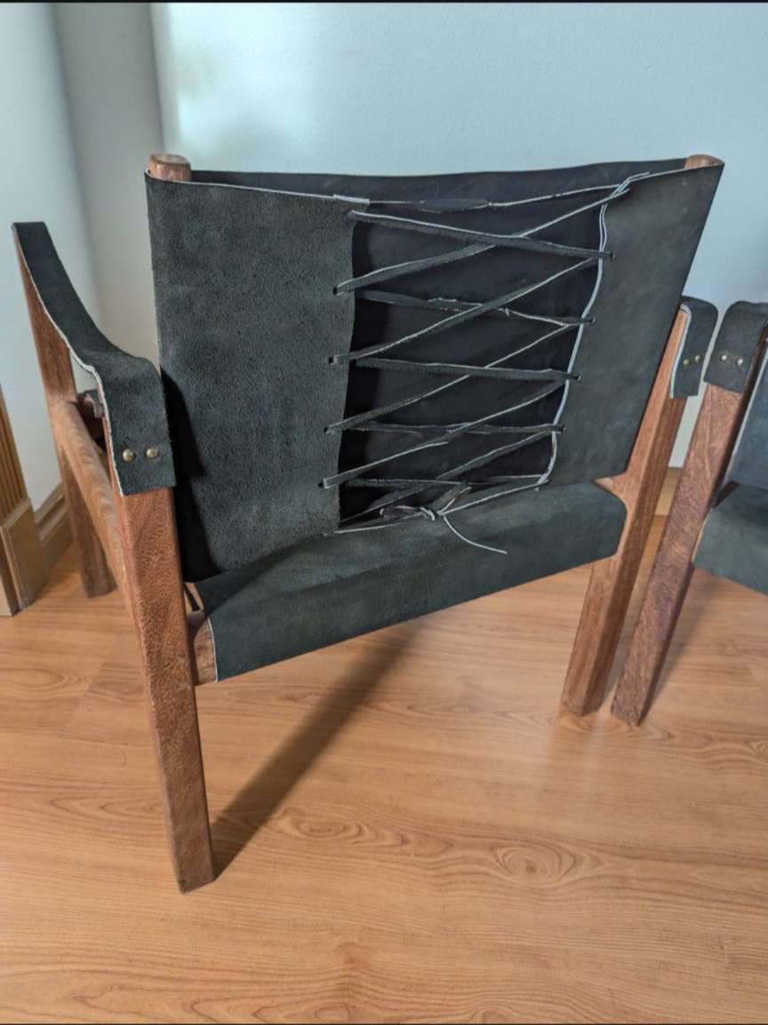 MCM Vintage Solid Teak & Black Suede Leather Safari Sling Chairs $495 / each