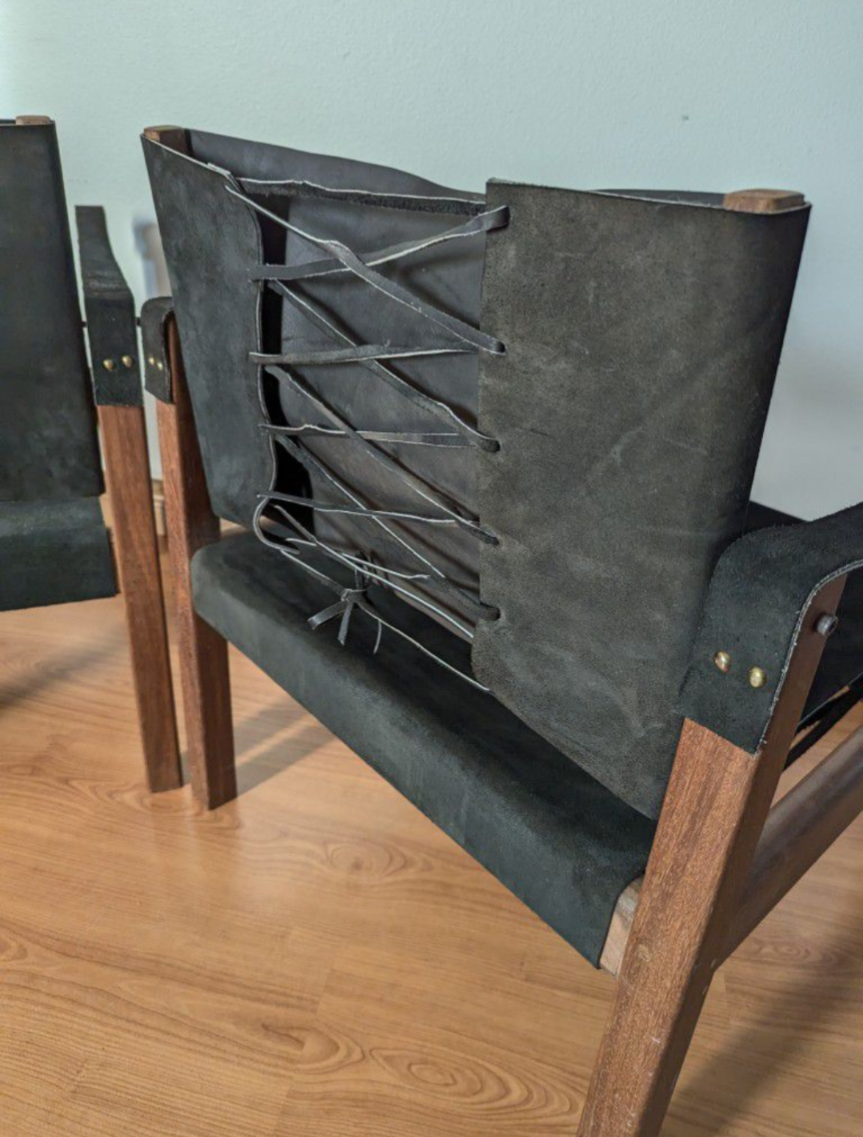 MCM Vintage Solid Teak & Black Suede Leather Safari Sling Chairs $495 / each