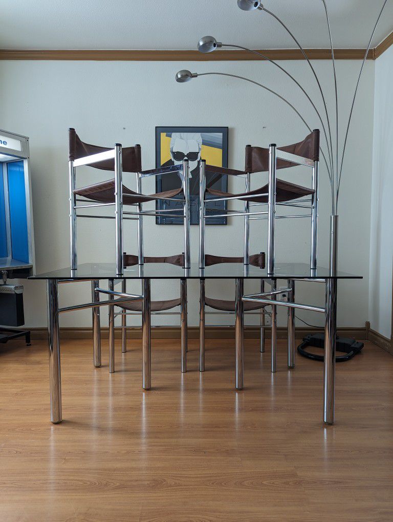 MCM Chrome Dining Table w/ Smoked Glass & 6 Sling Chair Set by James David Inc.