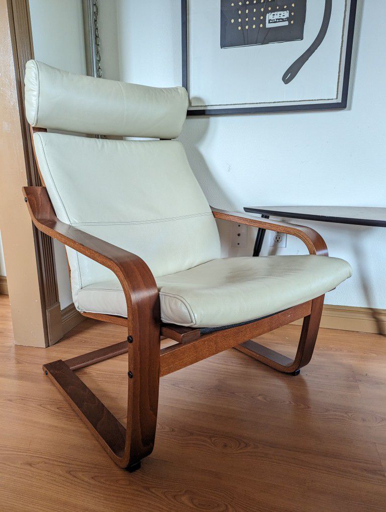 IKEA Poang Teak & Ivory Leather Lounge Chair & Ottoman