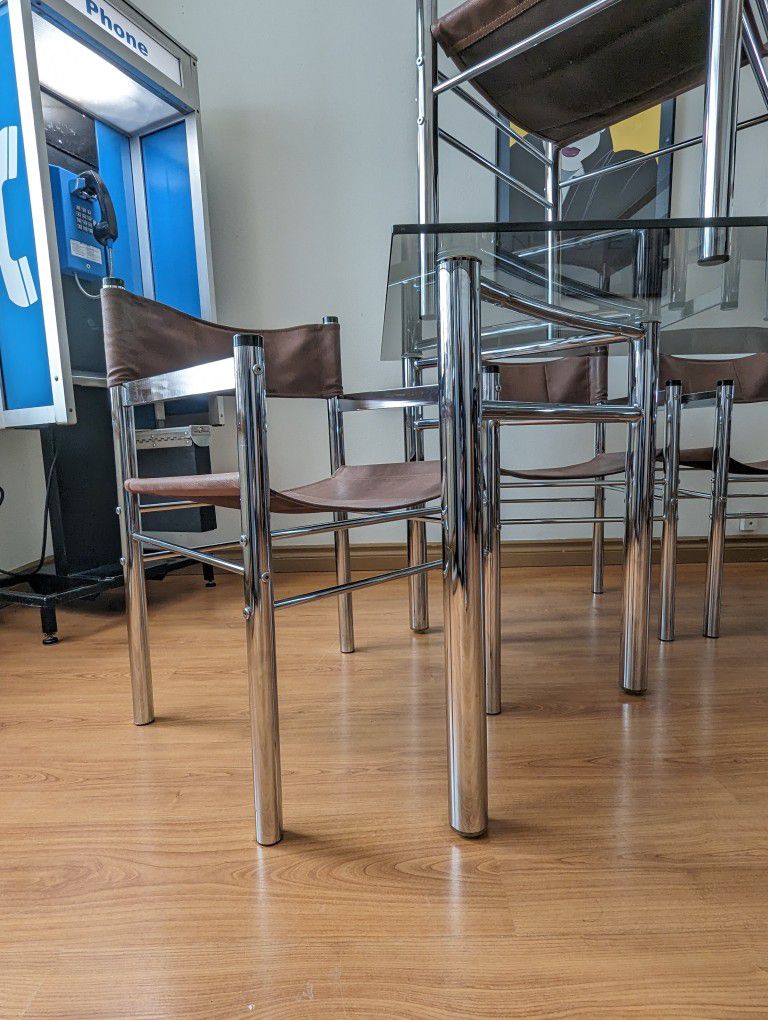 MCM Chrome Dining Table w/ Smoked Glass & 6 Sling Chair Set by James David Inc.