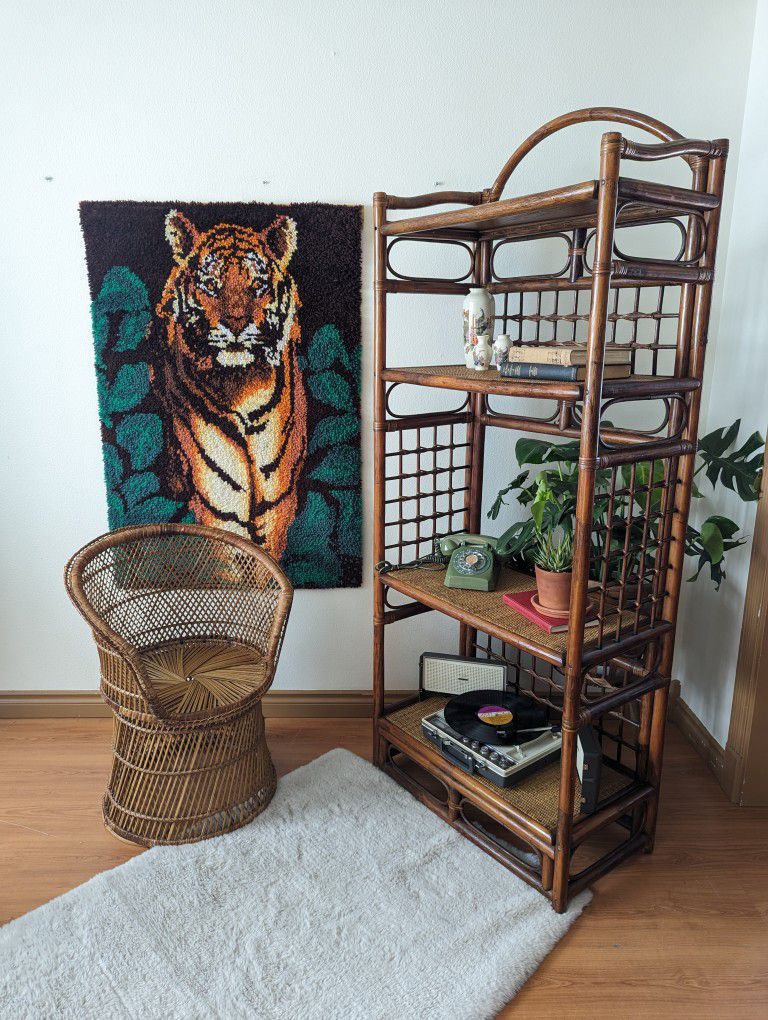 1970's Mid Century Boho Latch Hook Tiger & Lion Wall Art