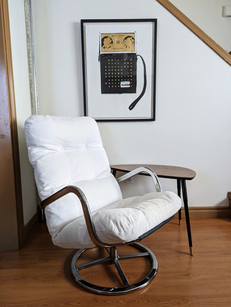 Vintage IKEA Smedsta Tufted White Corduroy Chrome Swivel Lounge Chair