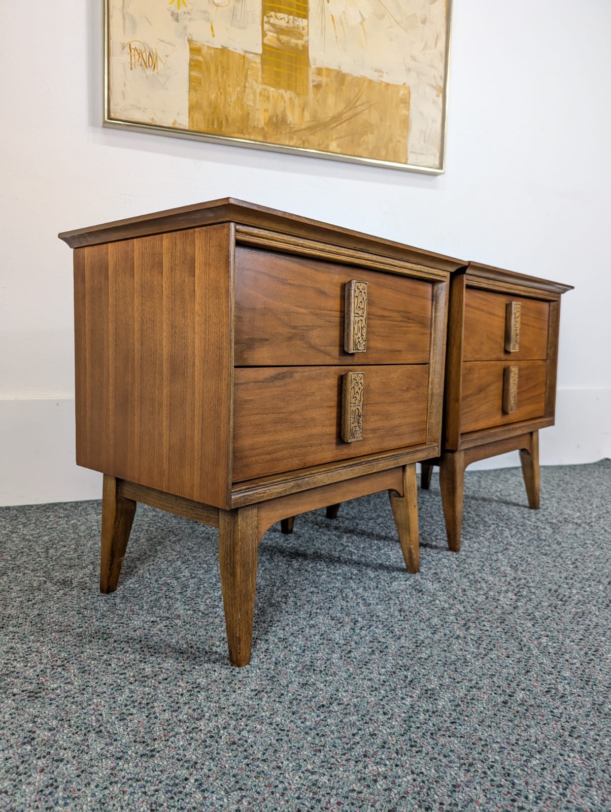 Pair of Walnut MCM Mayan Nightstands by Leo Jiranek for Bassett